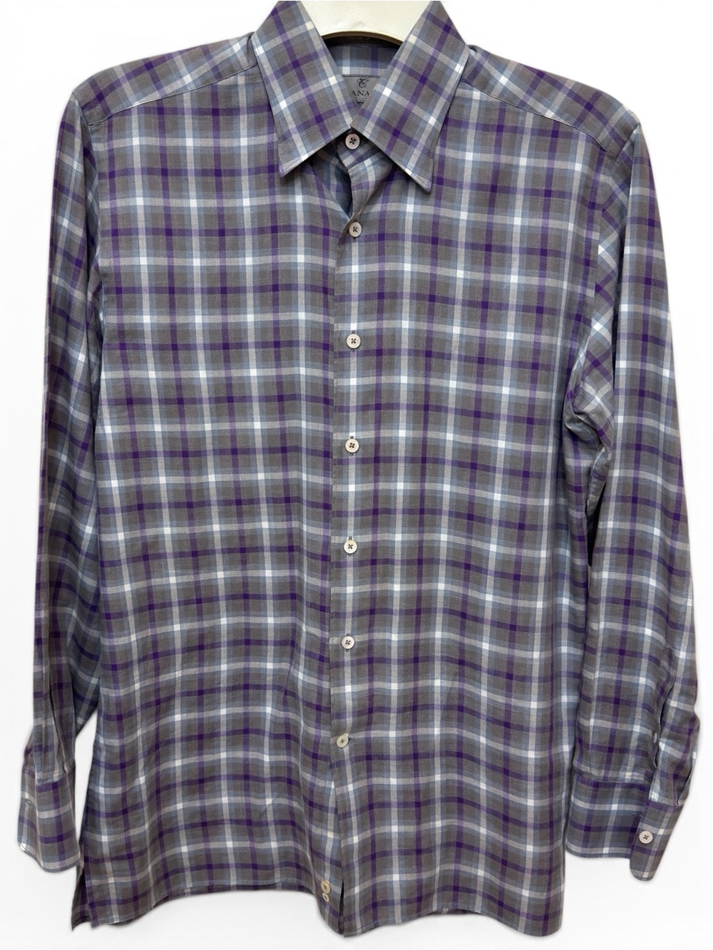 Canali Men’s Plaid Cotton Shirt Purple Gray Hidden Button Collar Made Italy